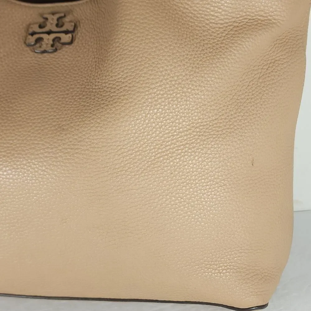 Tory Burch Taylor Beige Pebbled Leather Large Logo Tote Bag Shoulder Bag